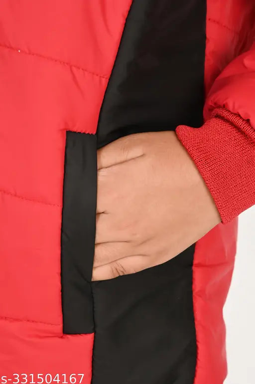 Red Polyester Trandy Jacket for Boys: Self-design, 100% Polyester, premium non-allergenic materials, safe silicone zipper pull, great for winter and casual wear, suitable for babies from 0-3 years old