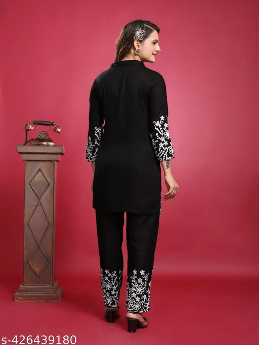 Black embroidered rayon set for women & girls, long-sleeved Indian fashion attire