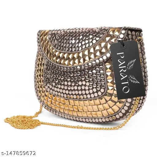 Gold and black synthetic embellished net party clutch handmade in India, suitable for cellphones and small accessories