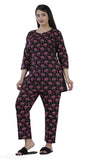 Rayon attractive black p.buta flower print night suit - Indian-made rayon pyjamas with three-quarter sleeves and floral print design