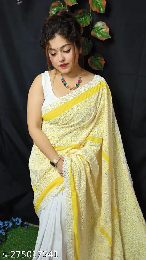 Chiffon chikonkari trending saree with solid net design, free size, length 5.5m, from India