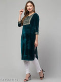 Velvet three-quarter sleeve kurti with zari embroidery, premium quality, ideal for parties, office, festivals - India origin