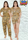 Silk blend, printed night suit 3pc set - soft, comfortable sleepwear for young girls, all seasons