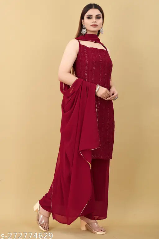 Maroon georgette embroidered party wear set (kurta, palazzo, dupatta) for women, India origin