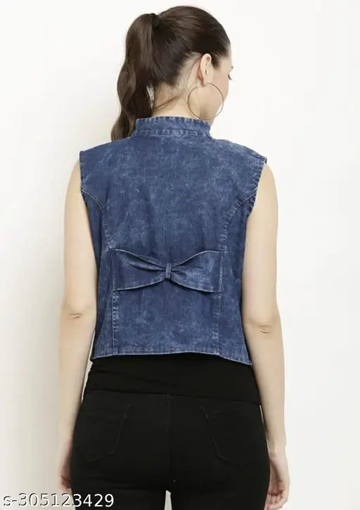 Denim sleeveless women's jacket, solid pattern, size L (Bust 38in, Length 24in), Indian-made fashion