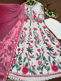 Georgette and silk embroidered Pakistani work suit, three-quarter sleeves. New designer party wear in M, XL sizes." (123 characters)