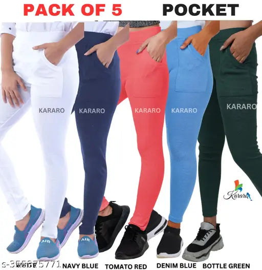 Stylish cotton blend jeggings pack of 5, lightweight and comfortable for women. Solid colored, recycled hosiery cotton waste fabric (OE). Durable yet budget-friendly, available in sizes 26, 28, 30, 32, 34, and Free Size. Made in India