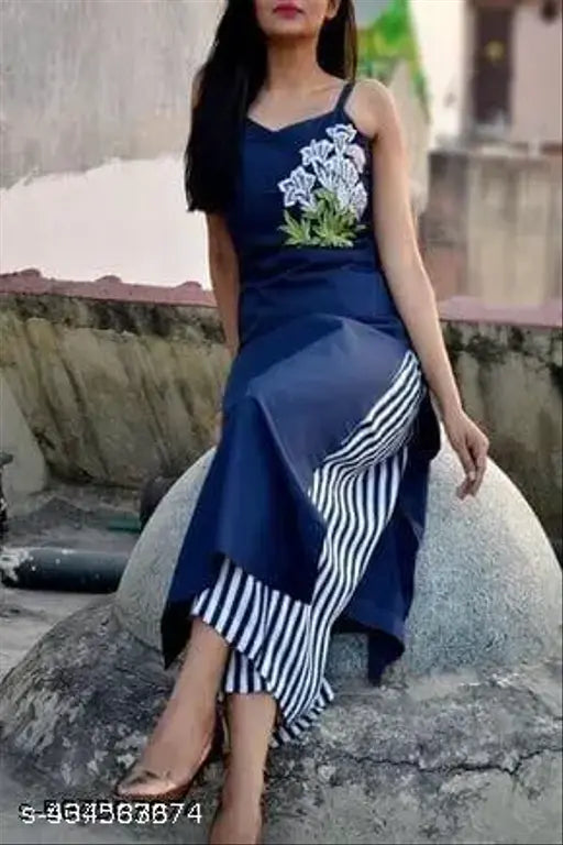 Stylish embroidered Rayon kurta and palazzos set, unique summer fashion with printed net design