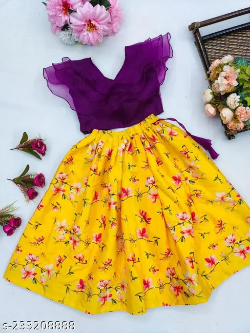 kids lehenga choli organic satin printed party wear for 2 years, long sleeve organza lehenga on display stand