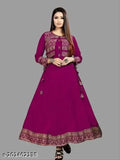 Maroon rayon Anarkali kurti with lace border, three-quarter sleeves, printed combo. Party wear for women