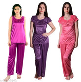 Purple, wine coral pink satin pyjamas combo set for women's nightwear, three sizes available