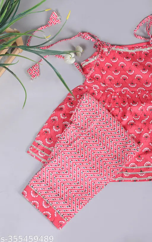 Pink pure cotton printed kurti pajama set for kids girls, straight top with churidar bottom and sleeveless design, available in sizes ranging from 12-18 months to 5-6 years. Made in India
