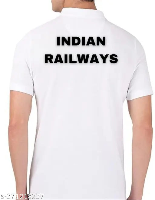 Indian Railway Black Logo White Polo T-shirt, printed net design on polycotton fabric, short sleeves