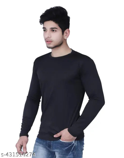 Black, polyester/nylon round neck T-shirt with long sleeves and solid pattern for men (M: 38in x 28in, L: 40in x 29in, XL: 42in x 29in, S: 36in x 27in, 18in shoulder). Indian-made men's fashion T-shirt
