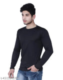 Black, polyester/nylon round neck T-shirt with long sleeves and solid pattern for men (M: 38in x 28in, L: 40in x 29in, XL: 42in x 29in, S: 36in x 27in, 18in shoulder). Indian-made men's fashion T-shirt