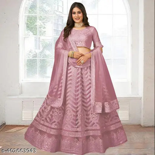 Lightweight net lehenga (semi-stitched), embroidered with solid dupatta, traditional Indian attire for women
