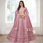 Lightweight net lehenga (semi-stitched), embroidered with solid dupatta, traditional Indian attire for women