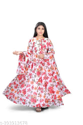 Elegant red flower print Kansai dress, stylish full sleeve Georgette for girls aged 9-15 years, India origin