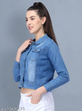 High-quality women's denim jacket, dyed/washed, three-quarter sleeves. Sizes: S (34in bust, 19in length), M (36in bust, 20in length), L (38in bust, 20in length), XL (40in bust, 21in length). Perfect for western wear and brunch style