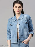 Denim women's winter jacket, dyed/washed design. Long sleeves, sizes S-XL. Women's denim jacket for winter wear, made in India