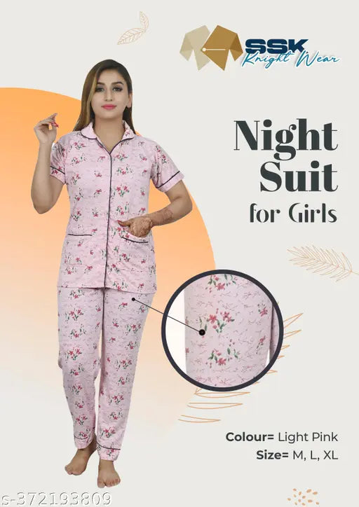 Women's printed cotton night suit set by SSK Knight Wear, featuring short sleeves and pyjama bottoms in a vibrant design. Available in sizes M, L, XL, XXL for comfortable loungewear