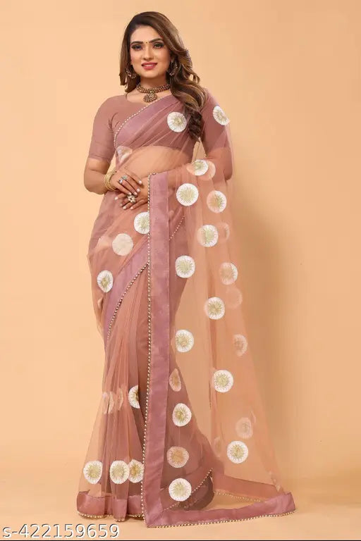Beautiful coffee chain embroidered net saree, free size, perfect for parties and events