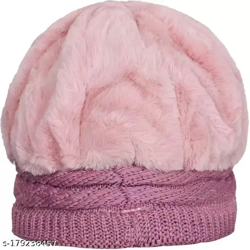 Woolen beanie cap with fur interior & visor, fashionable & warm women's wear in solid pattern