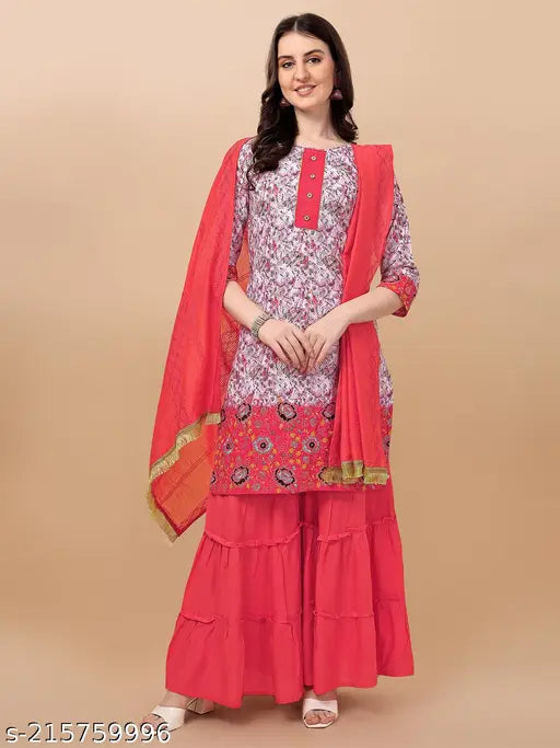 Designer rayon kurta with sharara set and dupatta, printed, three-quarter sleeves, stitched net, cotton border and crochet work, India origin