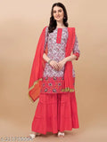 Designer rayon kurta with sharara set and dupatta, printed, three-quarter sleeves, stitched net, cotton border and crochet work, India origin