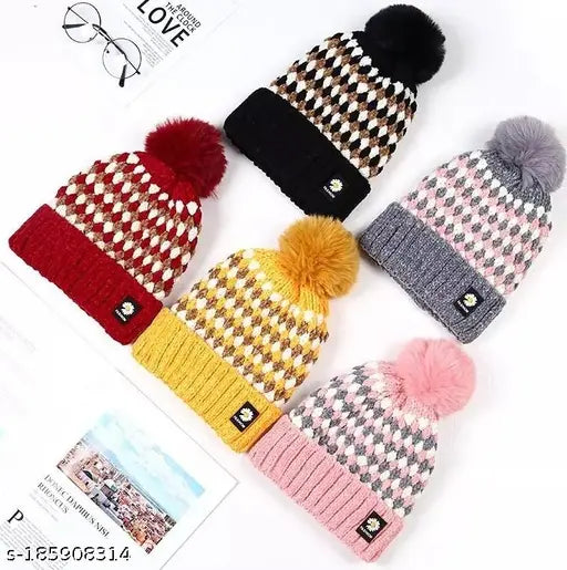 Assorted color women's wool winter beanie with faux fur pom-pom. Ultra-thick dual layered, chunky knit for warmth
