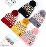 Assorted color women's wool winter beanie with faux fur pom-pom. Ultra-thick dual layered, chunky knit for warmth
