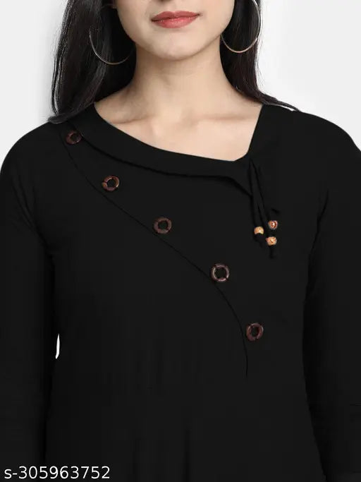 Women's rayon flared gown, three-quarter sleeves, solid color. Rayon daily wear for women on mannequin with detailed stitching