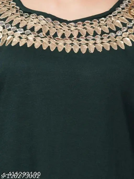 Green rayon three-quarter sleeve kurti by Hegza, solid pattern, S (36in bust, 42in length), M (38in bust, 42in length), L (40in bust, 42in length) - Indian women's fashion
