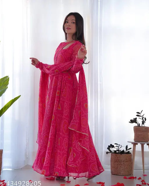Women's Georgette bandhani printed Kurti Pant & dupatta sets, long sleeves, size S-XXL. Indian ethnic wear on model
