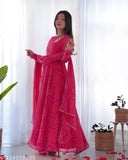 Women's Georgette bandhani printed Kurti Pant & dupatta sets, long sleeves, size S-XXL. Indian ethnic wear on model
