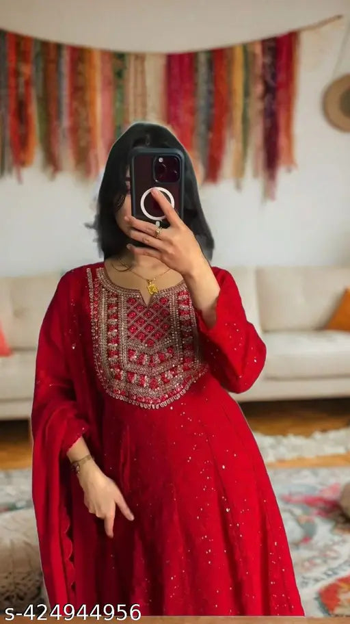 Heavy Georgette embroidered net gown, three-quarter sleeves, XL size, Indian made