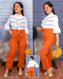 Striped cotton, three-quarter sleeve jumpsuit for summer, slim fit style on model