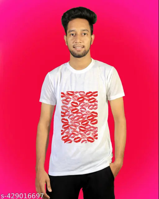 Mens Round Neck Kiss Print Half Sleeve Casual TShirt, polycotton, colorful print, Indian made
