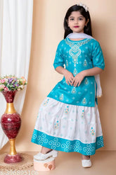 Printed rayon kurta-skirt set with dupatta for girls, Indian ethnic fashion