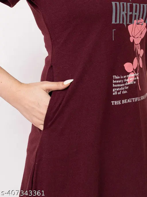 Cotton printed full length night suit for women, Summer wear by Kvetoo - XL size with short sleeves and vibrant pattern