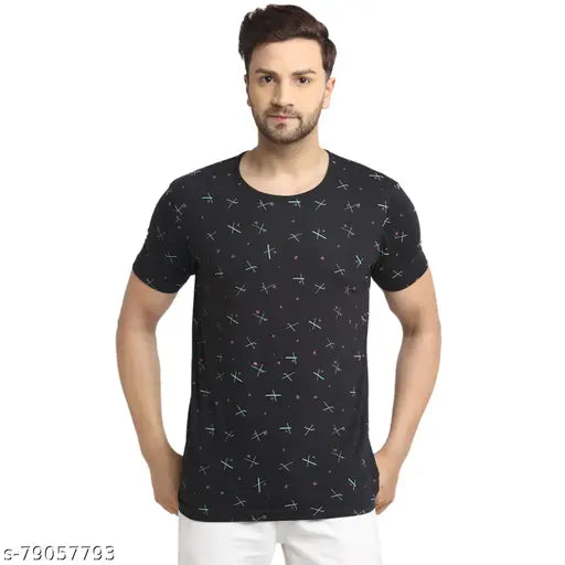 Black cotton round-sleeved t-shirt by Vimal Jonney, featuring printed design. Ideal for everyday wear and paired with jeans or trousers. Made in India