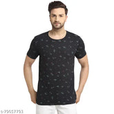 Black cotton short-sleeve round t-shirt by Vimal Jonney, printed design, perfect for casual wear