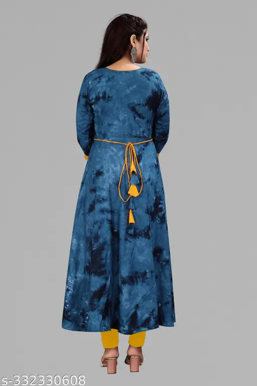 Navy Rayon Anarkali Kurti with Dori Patches, three-quarter sleeves, great for office or occasions. Soft, comfortable, and breathable cotton dress