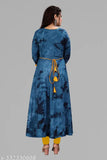 Navy Rayon Anarkali Kurti with Dori Patches, three-quarter sleeves, great for office or occasions. Soft, comfortable, and breathable cotton dress