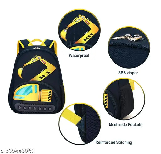 Blue polyester school backpack with JCB truck design, ideal for children Class 1 to 8