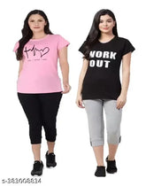 Women's cotton round neck t-shirt & 3/4 th pant set, printed design, soft and comfortable for home relaxation. Capri style with elastic drawstring waistband and short sleeves. Available in sizes S-XL