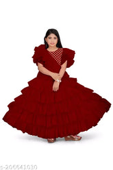 Stitched net gown for kids and young girls, solid color, Indian party wear, perfect for Raksha Bandhan, Navratri/Diwali, Christmas, New Year. Net dupatta included, dry clean only. Sizes: 5-6 years, 6-7 years, 7-8 years, etc., up to 15-16 years. Origin: India