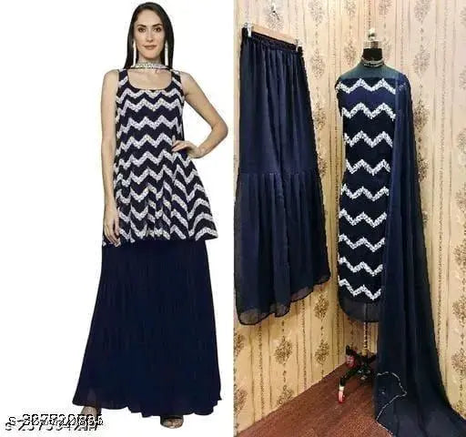 Navy Blue embroidered georgette kurta sharara set with dupatta, sleeveless and full-embroidered for women. Indian handcrafted traditional clothing accessory