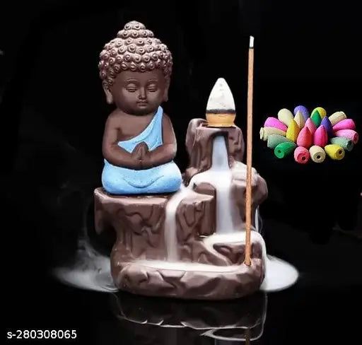 Multi-colored PolyResin Baby Monk Buddha Incense Smoke Burner Fountain, includes 10 free smoke cones for living room or car dashboard