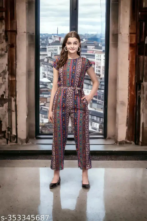 Vibrant printed crepe jumpsuit, comfortable wrap style for fashion-forward women